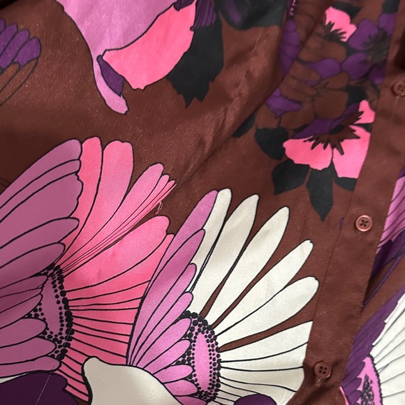 Express Brown Long-Sleeve Floral Shirt Dress with Pink Accents - Picture 8 of 11